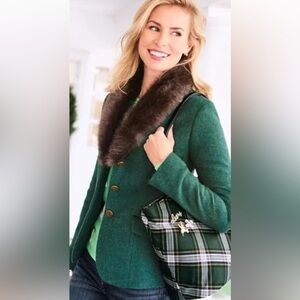 Talbots Green Wool Blazer with Brown Faux Fur Collar
